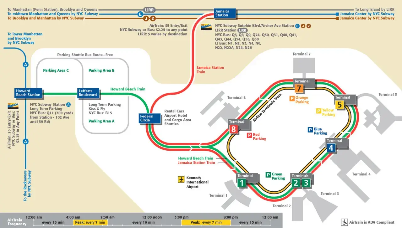 Carte du plan AirTrain JFK avec lignes vers Jamaica Station et Howard Beach