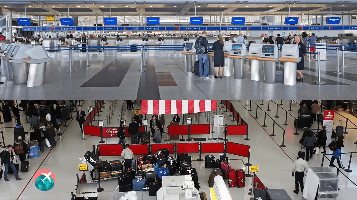 Contrôle de sécurité et enregistrement à l’aéroport JFK de New York avec voyageurs et valises