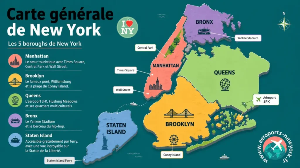 carte new york avec les 5 boroughs manhattan brooklyn queens bronx staten island
