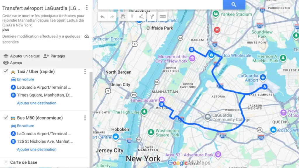 carte transfert aeroport LaGuardia Manhattan itineraire taxi bus M60 New York