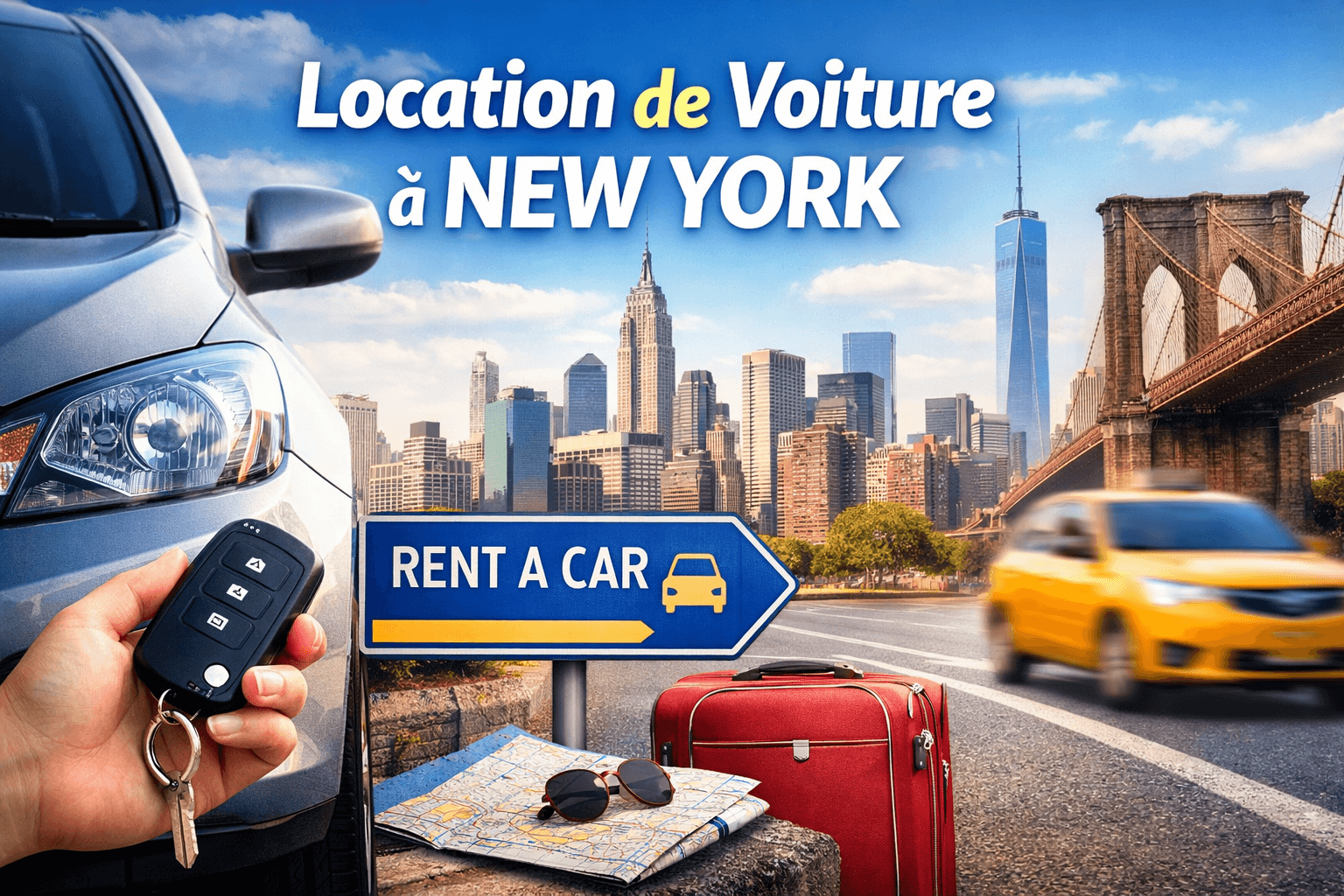 panneau de location de voiture new york avce la ville en arriere plan