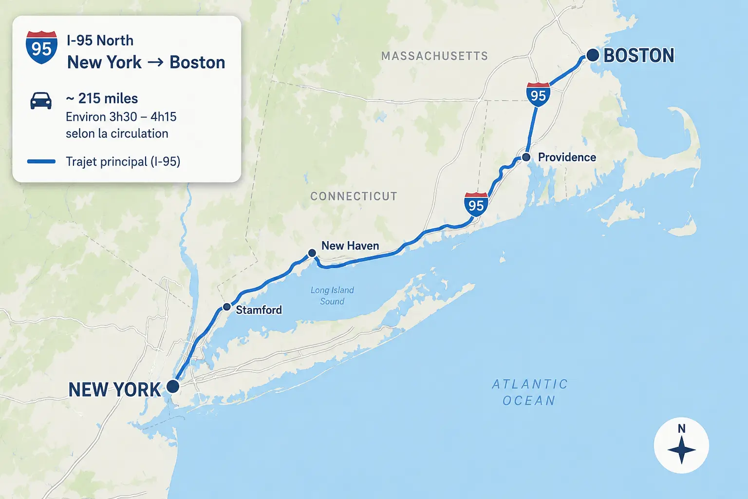 Carte du trajet entre New York et Boston via l’autoroute I-95