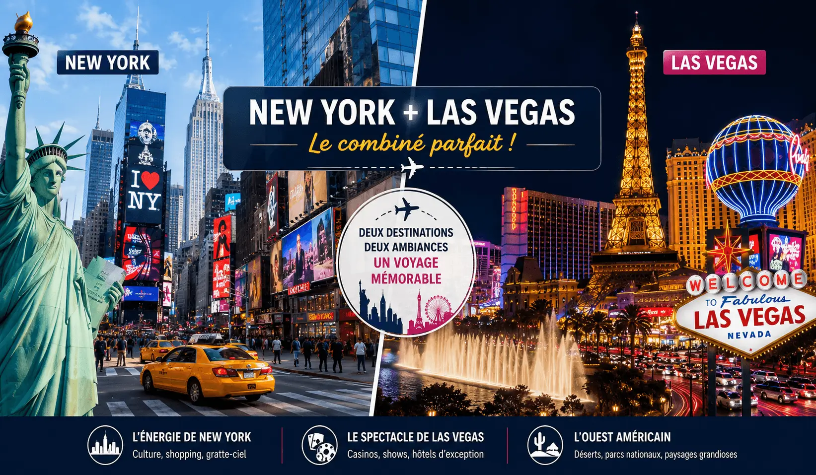 Combiné New York Las Vegas avec Times Square et le Las Vegas Strip de nuit