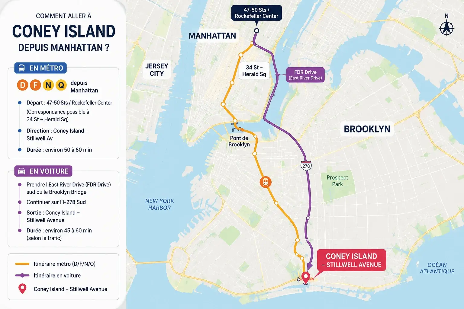 Carte pour aller à Coney Island depuis Manhattan en métro ou en voiture