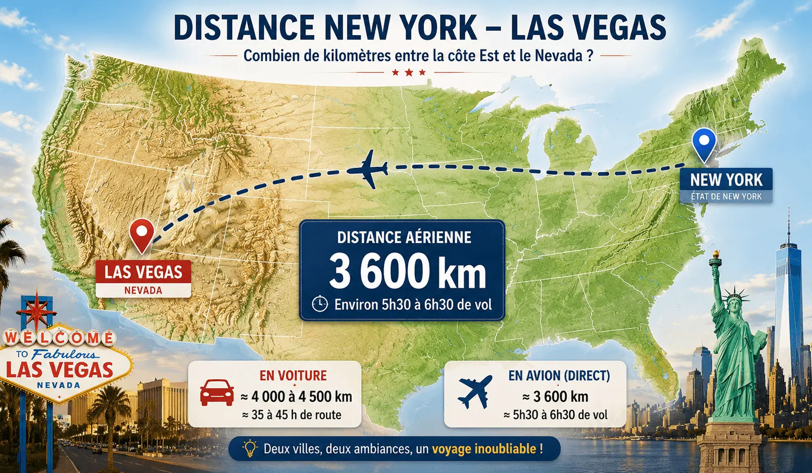 Carte de la distance entre New York et Las Vegas en avion et en voiture aux États-Unis