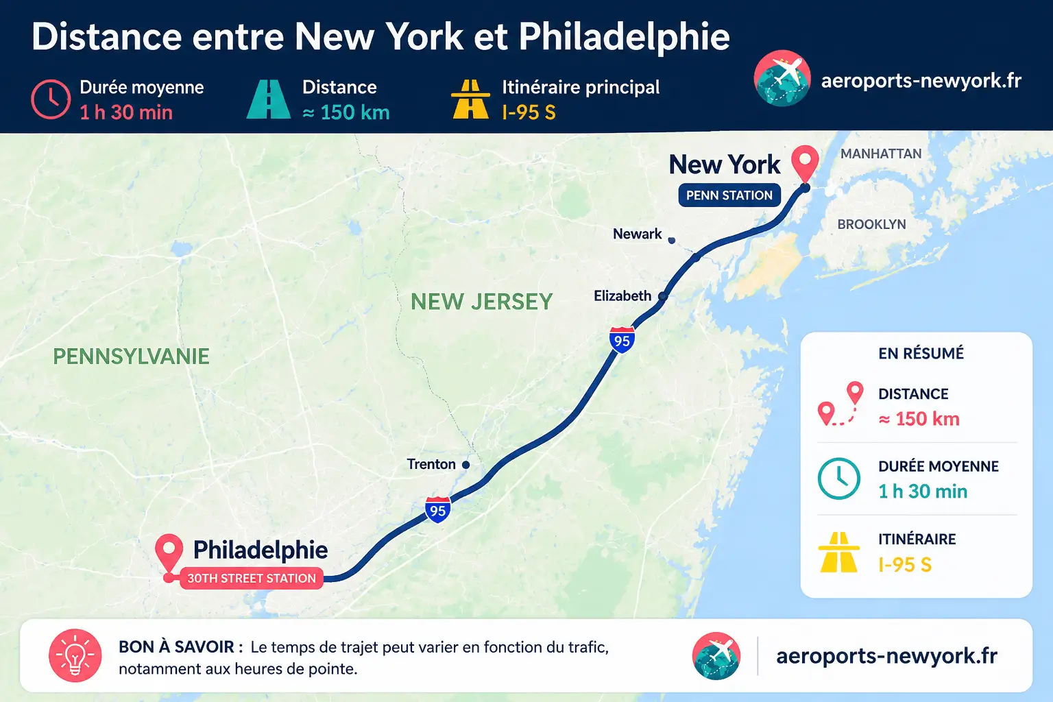 Carte de la distance entre New York et Philadelphie