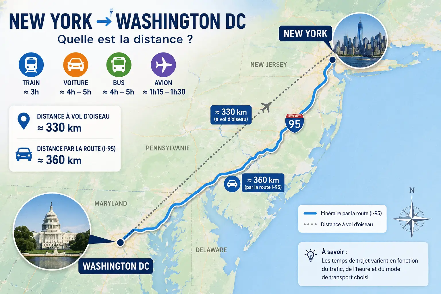 Carte de la distance entre New York et Washington DC via l’autoroute I-95