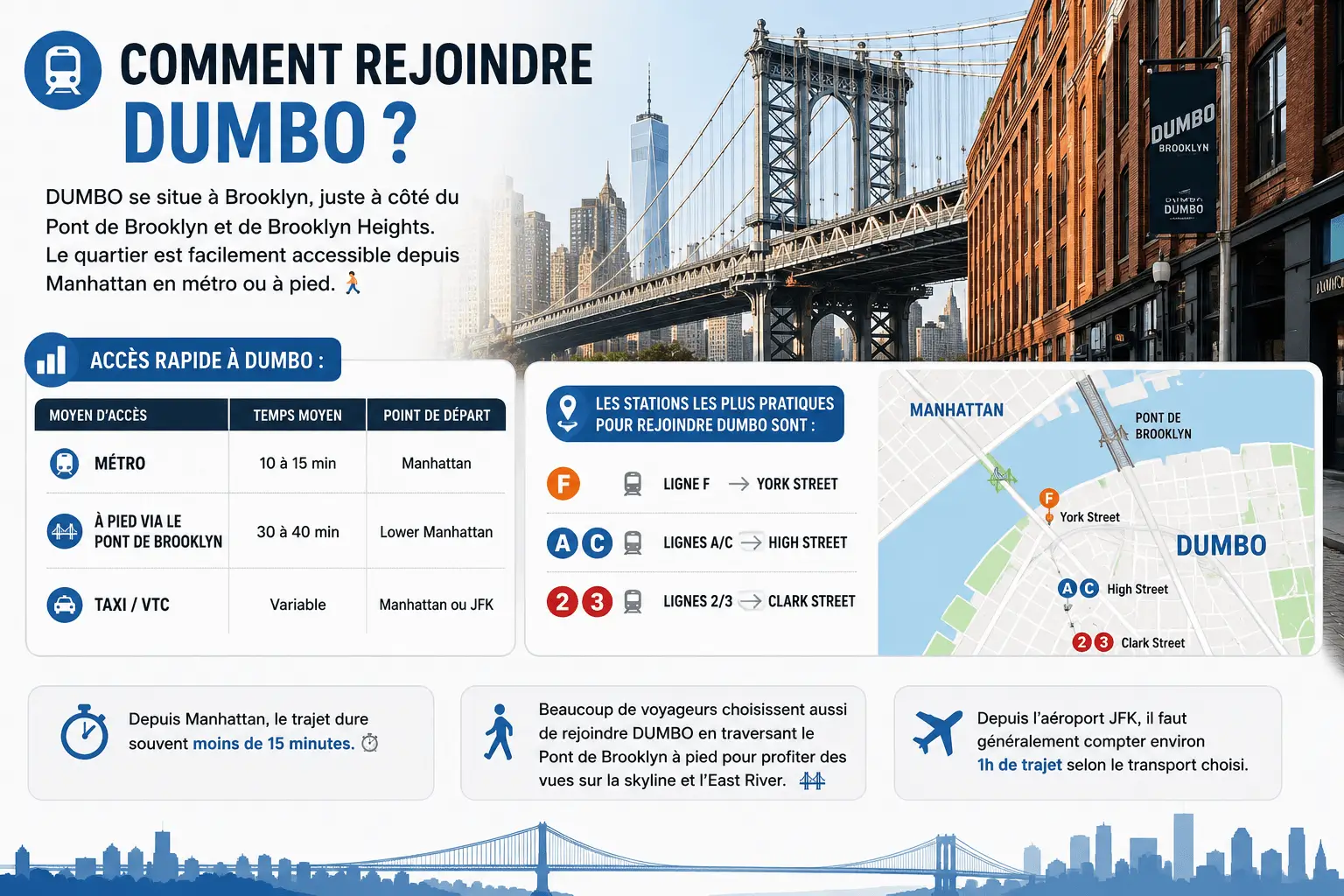 Comment rejoindre DUMBO à Brooklyn depuis Manhattan en métro ou via le Pont de Brooklyn