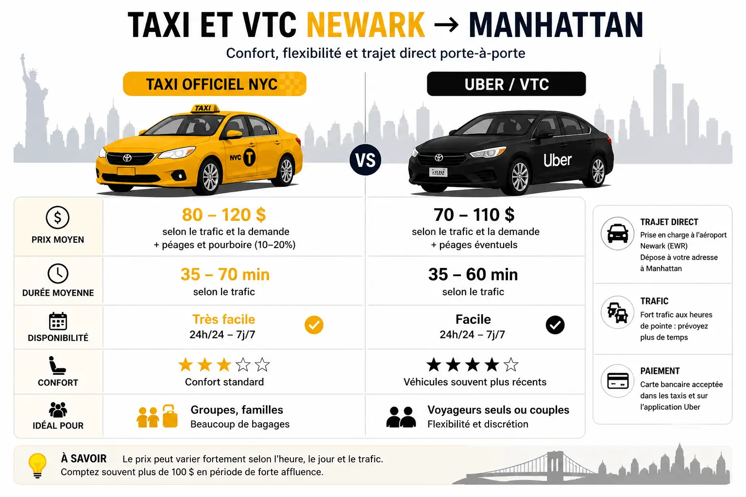 Comparatif prix taxi et Uber entre Newark et Manhattan avec durée et trafic