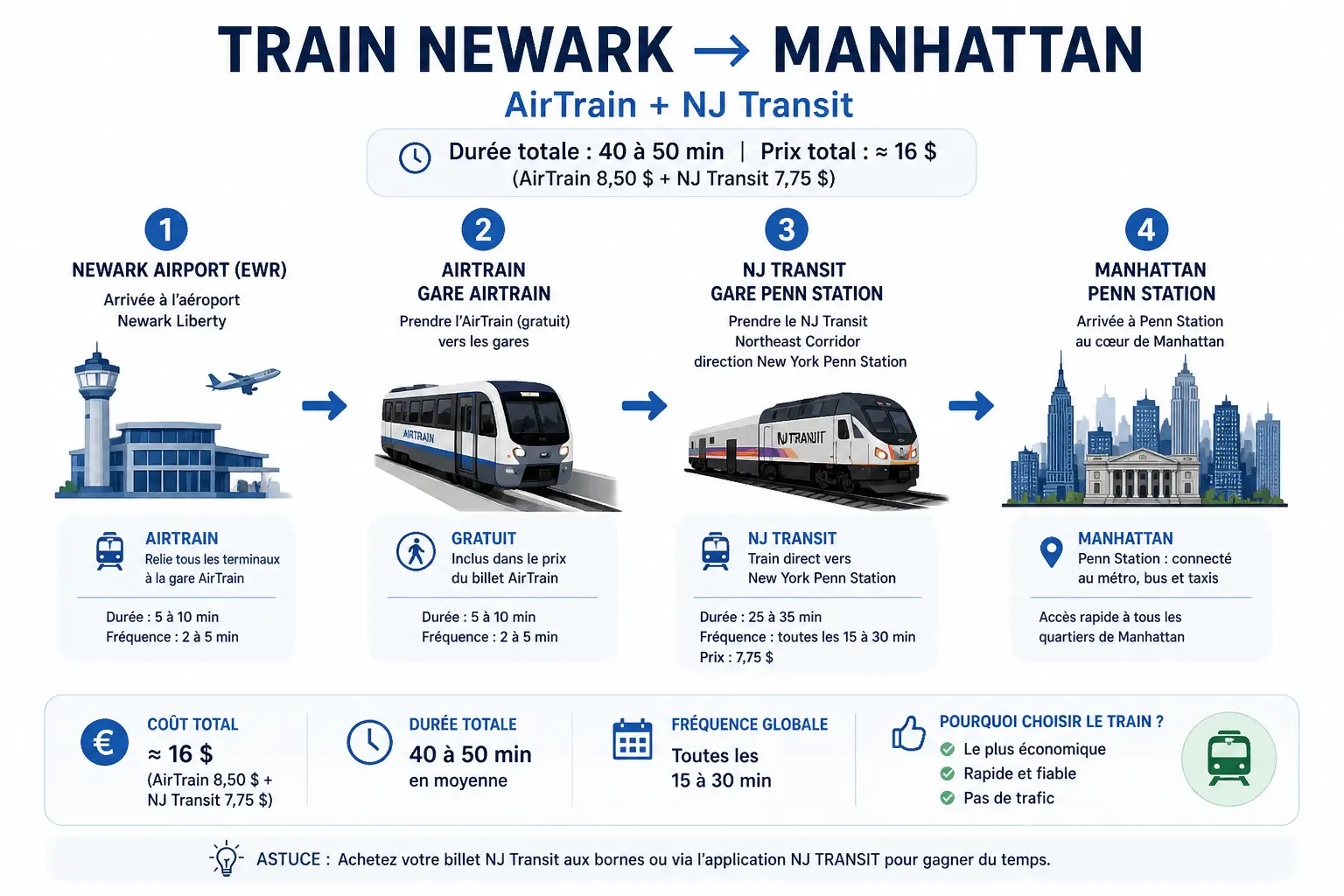 Trajet train Newark vers Manhattan avec AirTrain et NJ Transit étapes détaillées
