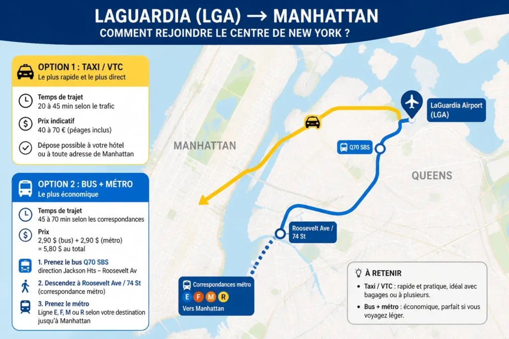 trajet laguardia manhattan taxi bus metro plan