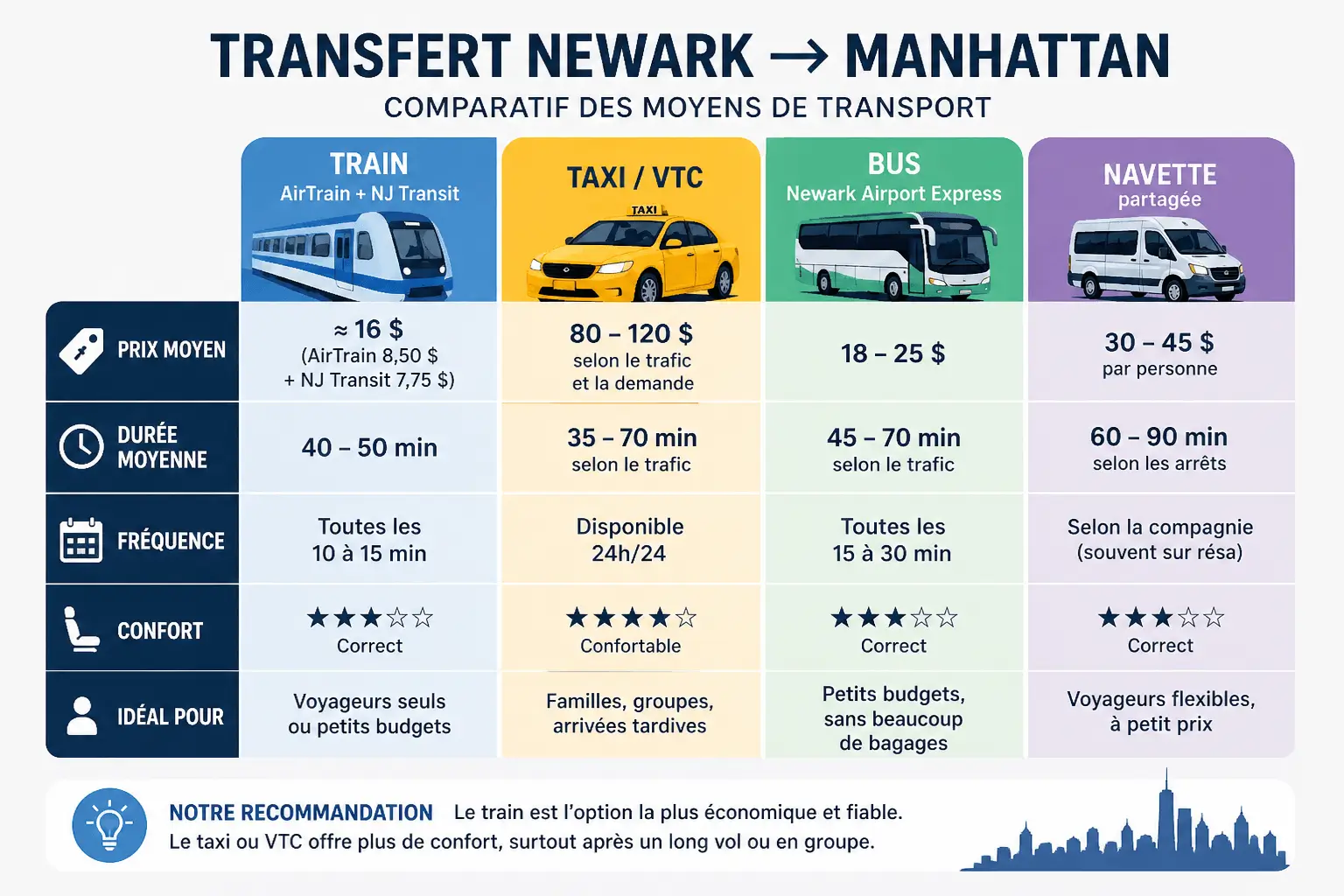 Comparatif des transferts entre l’aéroport Newark (EWR) et Manhattan avec prix, durée et options de transport
