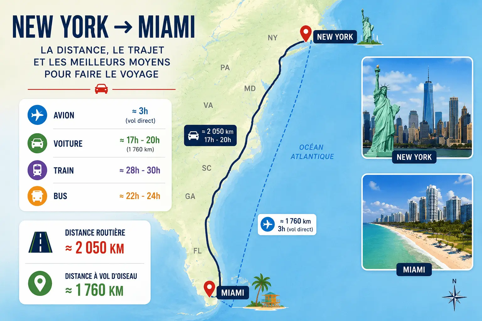 Distance entre New York et Miami en km avec trajet et carte des États-Unis