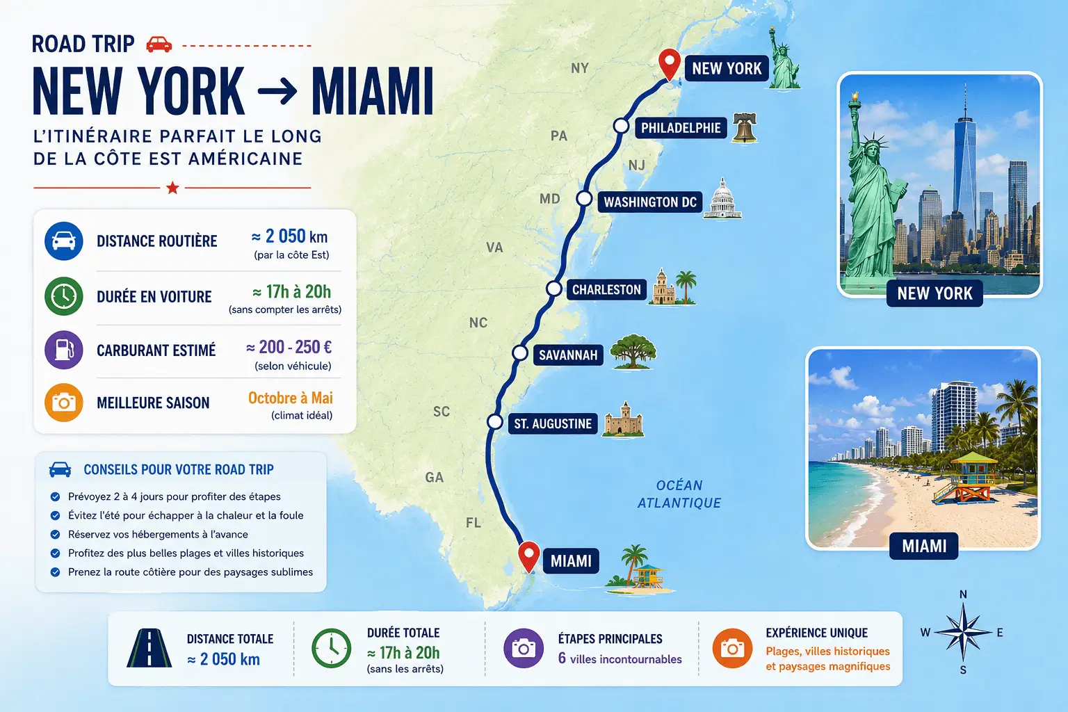 Road trip New York Miami avec étapes à Philadelphie Washington Charleston Savannah et Miami