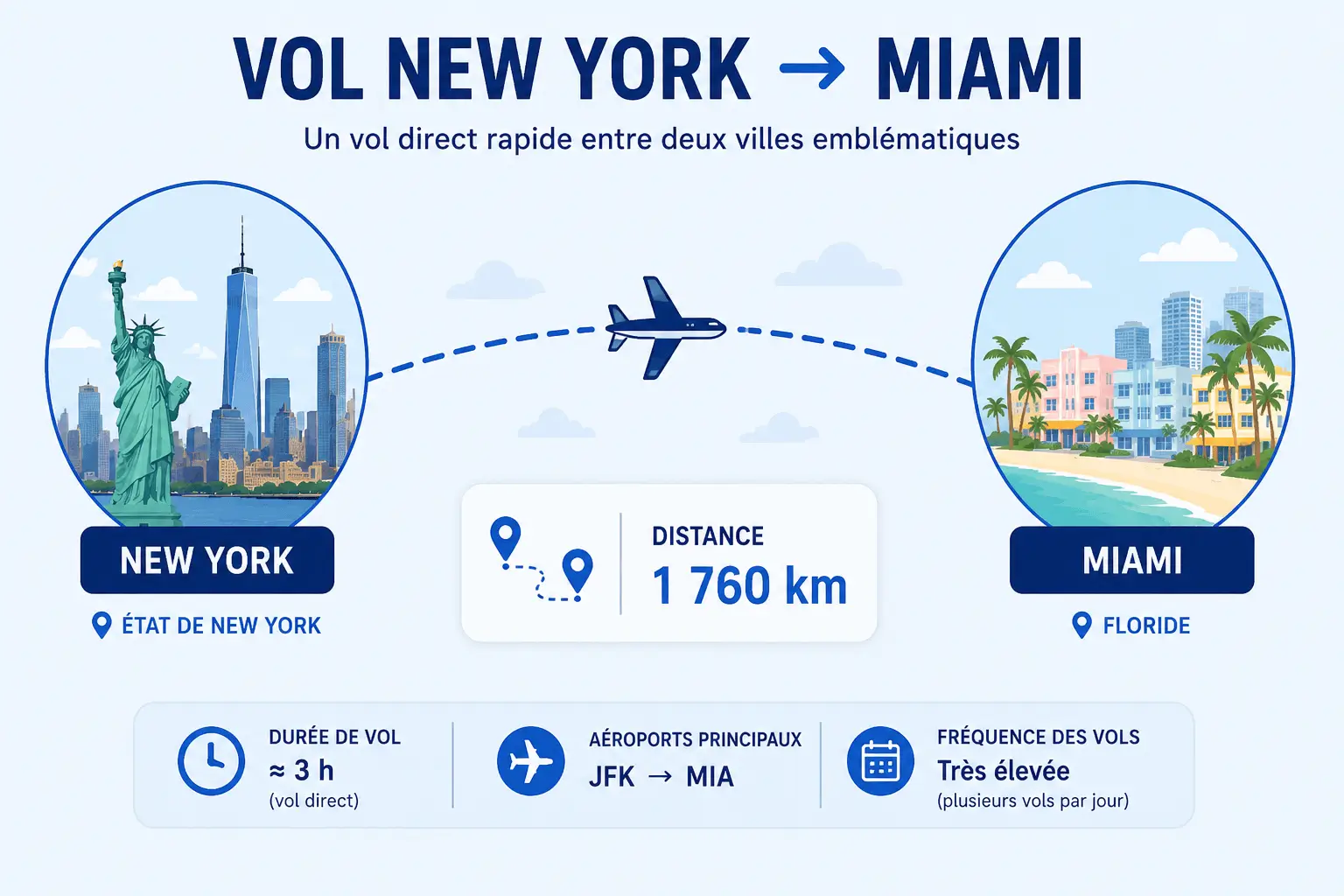 Vol New York Miami avec distance de 1760 km entre les deux villes